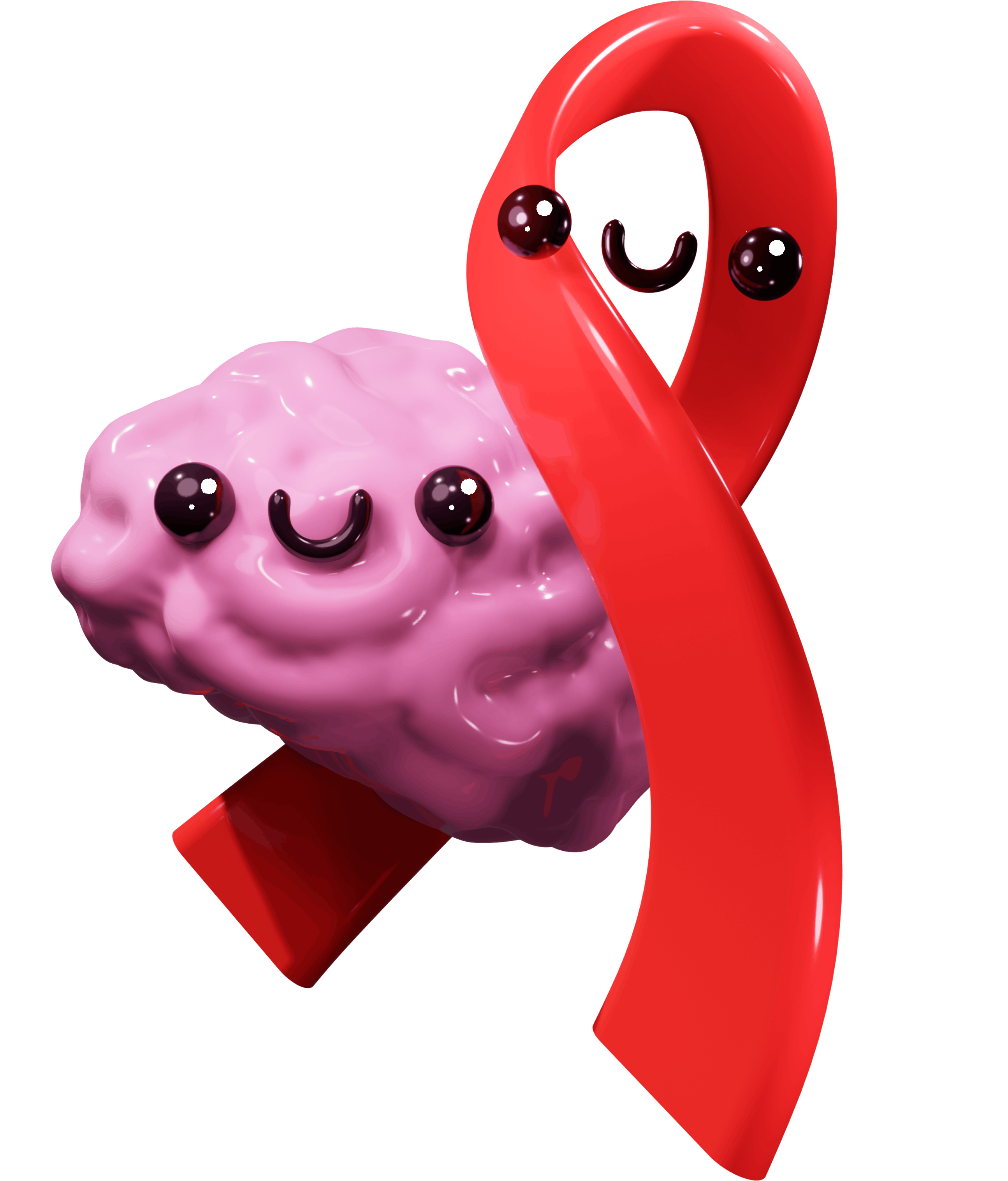 Ilustración: un cerebro y un listón rojo de la lucha contra el VIH abrazándose en estilo amigable